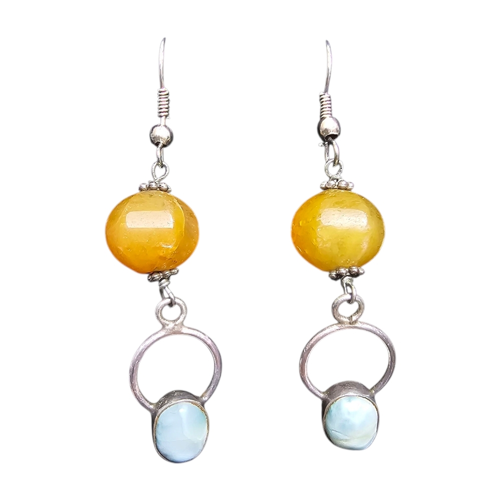 Handmade Silver Tone Yellow Beaded Drop Earrings With Set In Blue White Stones